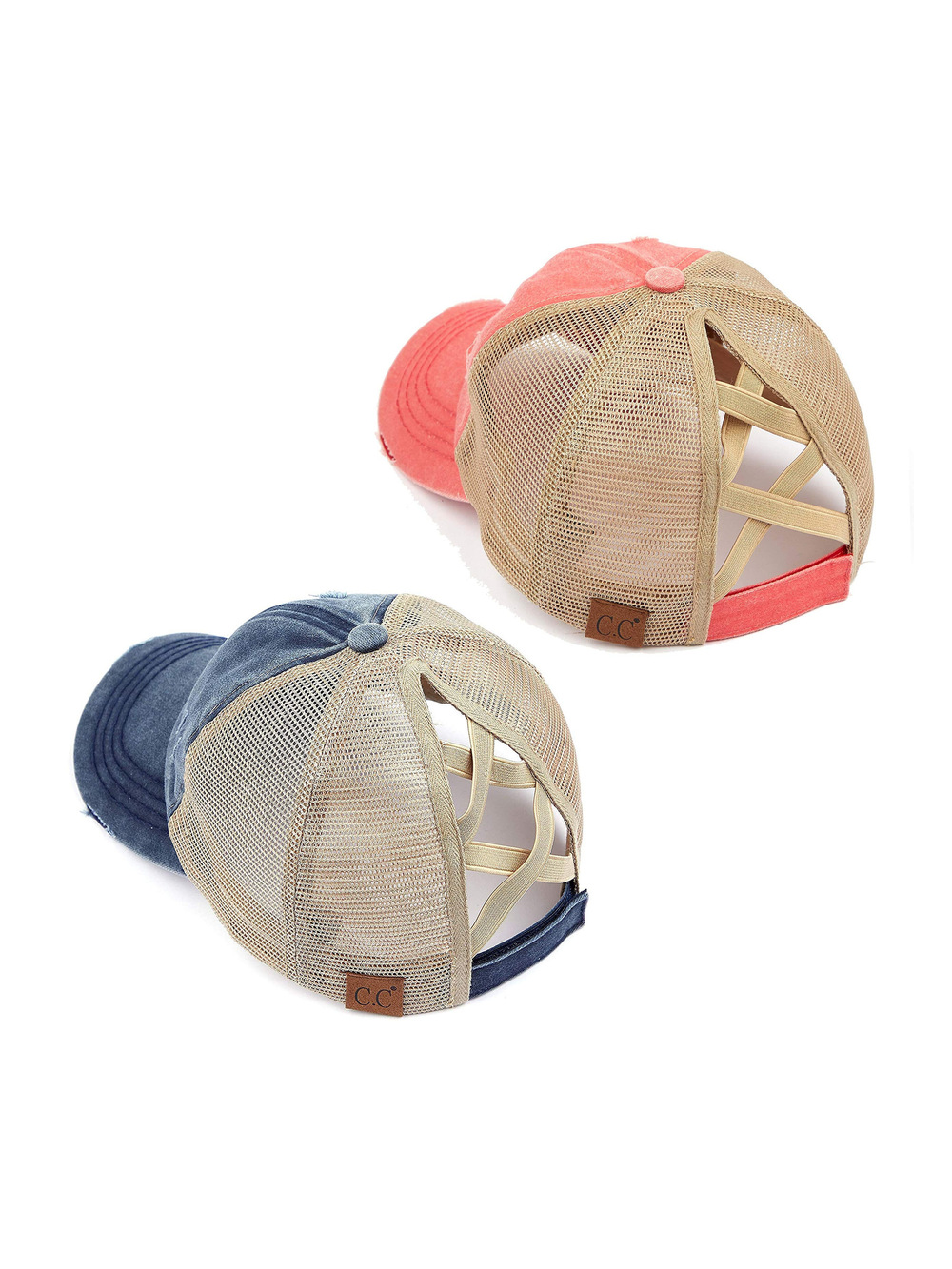 Criss Cross Ponytail Cap, Messy Bun Distressed | 2 Packs, Navy, Coral | Size OS